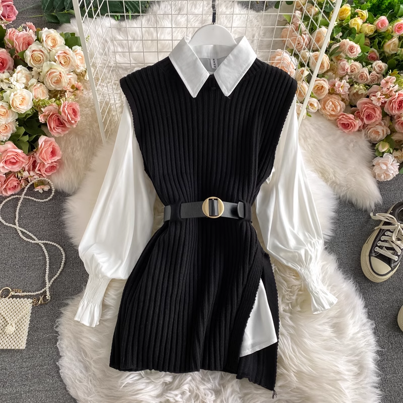 Long Shirt Tie Knitted Vest Two-Piece Set, YM259