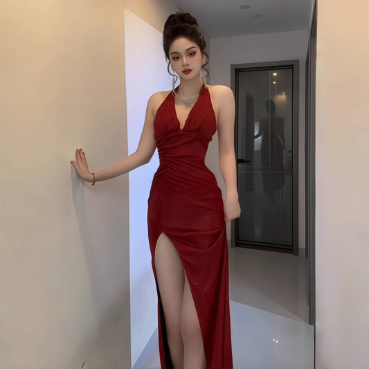 Sparkly Red Halter V Neck High Slit Long Party Dress Birthday Dress YM2217