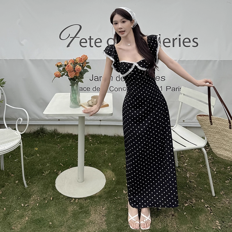 Cute Black Lace Polka Dot Square Neck Long Vacation Dress Holiday Dress YM2249