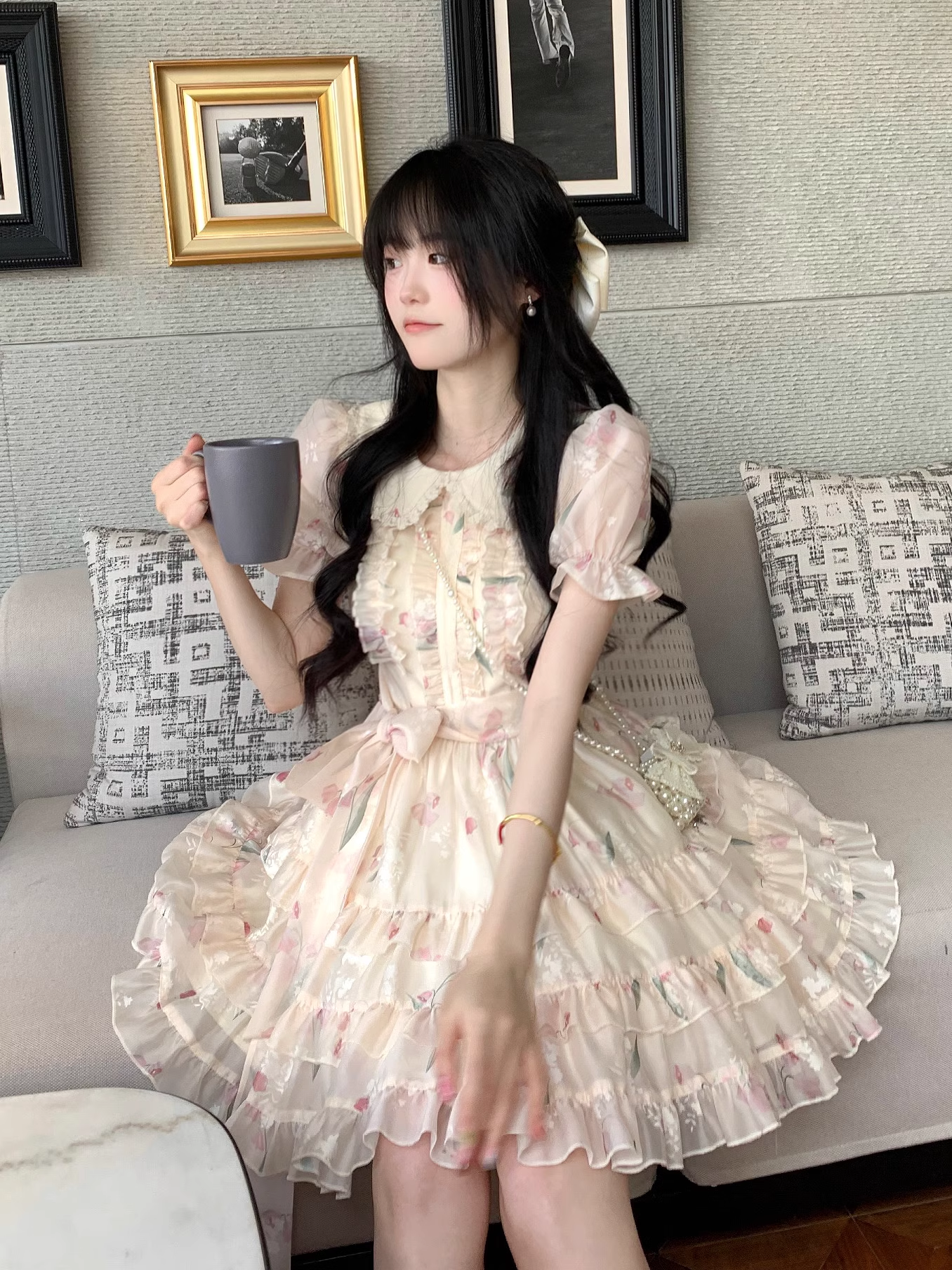 Sweet Tulip Print Baby Doll Neck Multi-Level Skirt Dress YM2032