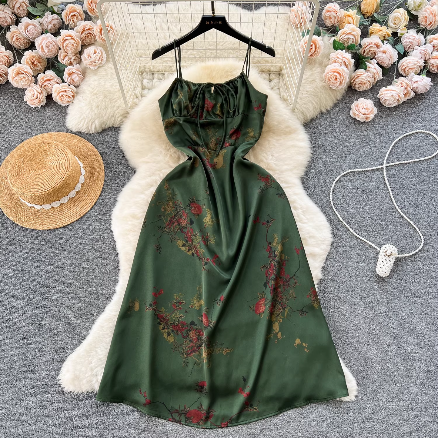 Retro printed suspender dress YM1214