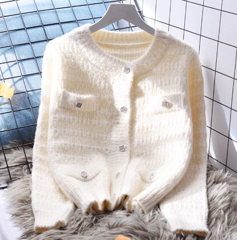 Blue Short Sweater Jacket Autumn And Winter Sweet Knitted Cardigan YM2365
