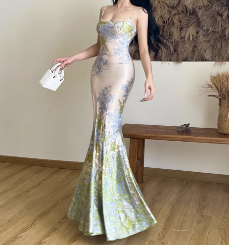 Stylish Spaghetti Straps Green Print Floral Mermaid Long Birthday Party Dress Holiday Dress YM2236