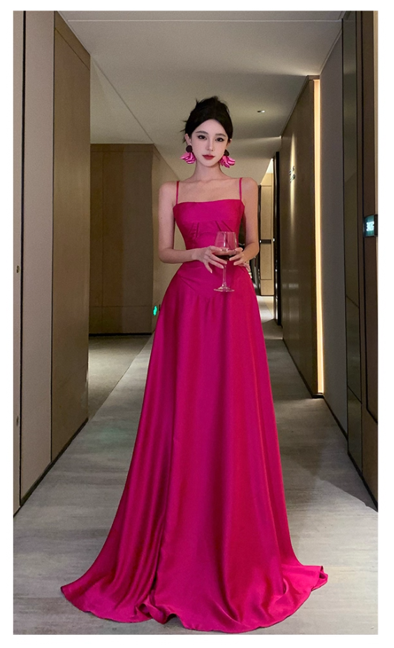 Charming Hot Pink Straps Long Party Dress Birthday Evening Dress YM2175