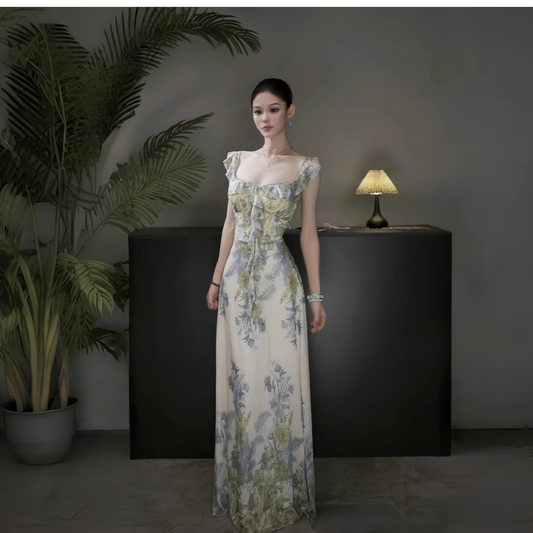 Fashion Green Printed Floral Straps Birthday Dress Women's Sexy Long Holiday Dress YM2280