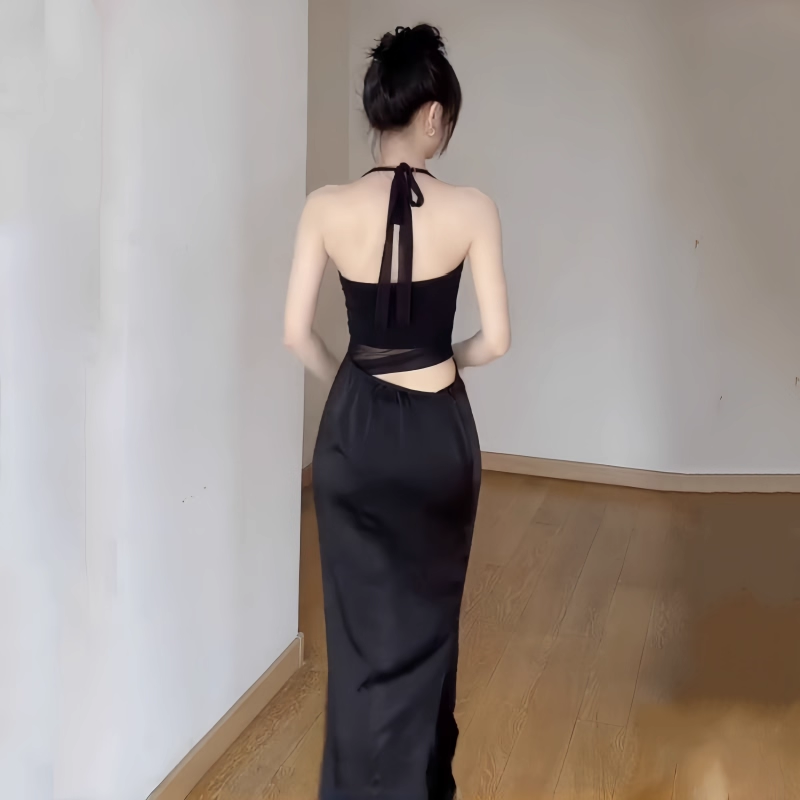 Black Sexy Halter Sheath Long Vacation Dress Holiday Dress YM2206