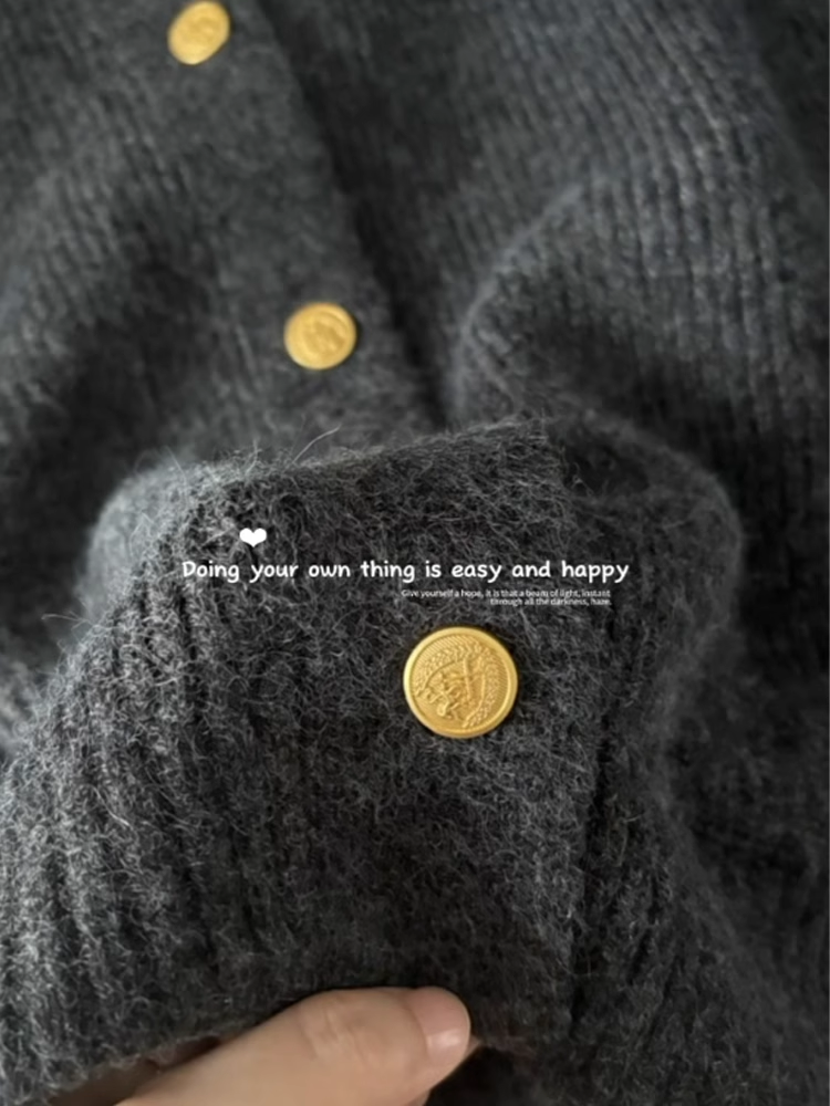 Fashionable Dark Gray Knitted Vest Sweater For Women With Retro Small Gold Buttons YM1839