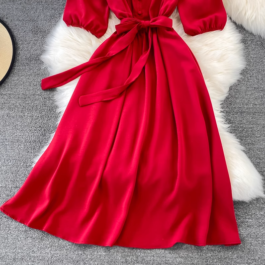chic retro solid color ruffled mid-length square neck dress ,YM210