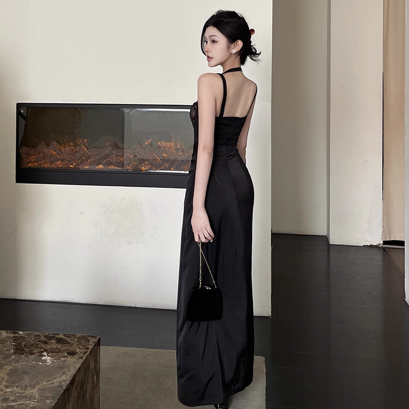 Black Sexy Lace Stitching Suspender Holiday Dress Long Birthday Dress YM2228