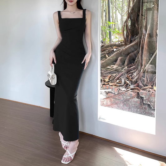 Simple Black Square Neck  Sheath Long Holiday Dress Vacation Dress YM2150