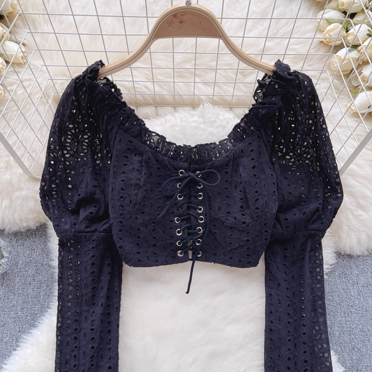 Hollow tie petal sleeve design crop top YM396