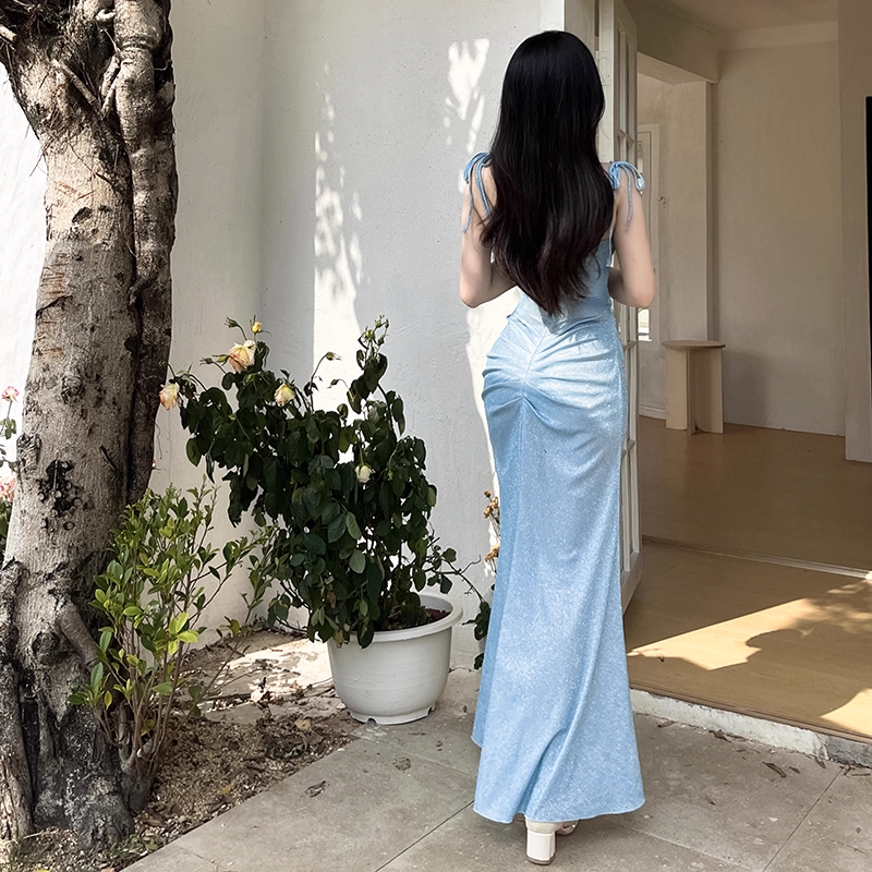 Charming Blue Spaghetti Straps Mermaid Birthday Party Dress Long Holiday Dress YM2239