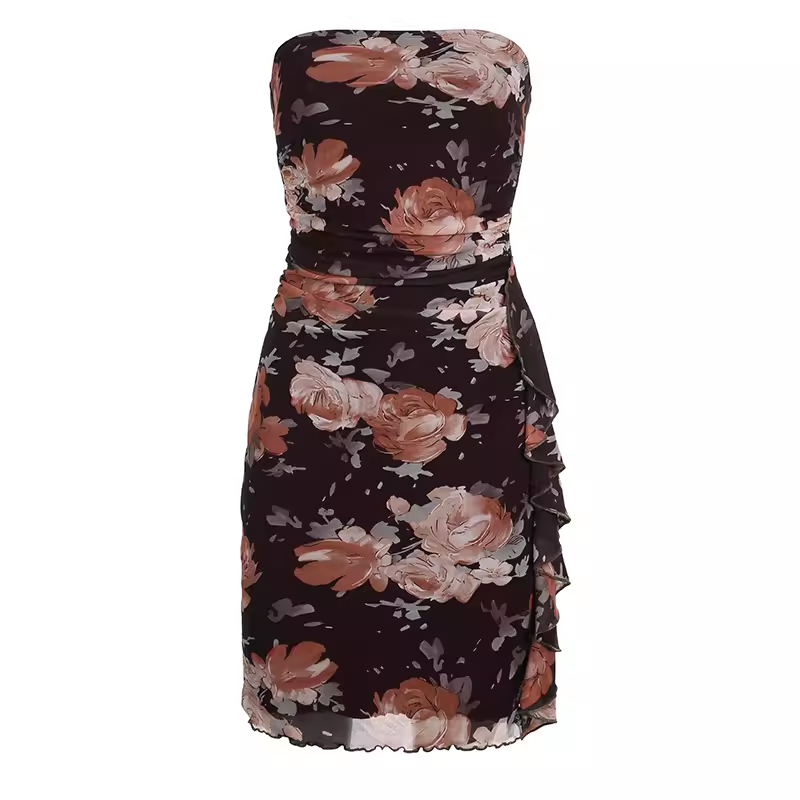 Oil painting vintage dry rose strapless dress YM1391