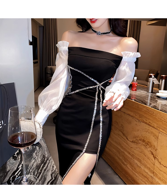 Off The Shoulder Black Short Dress YM1515