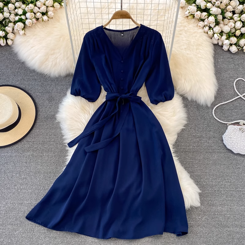 chic retro solid color ruffled mid-length square neck dress ,YM210