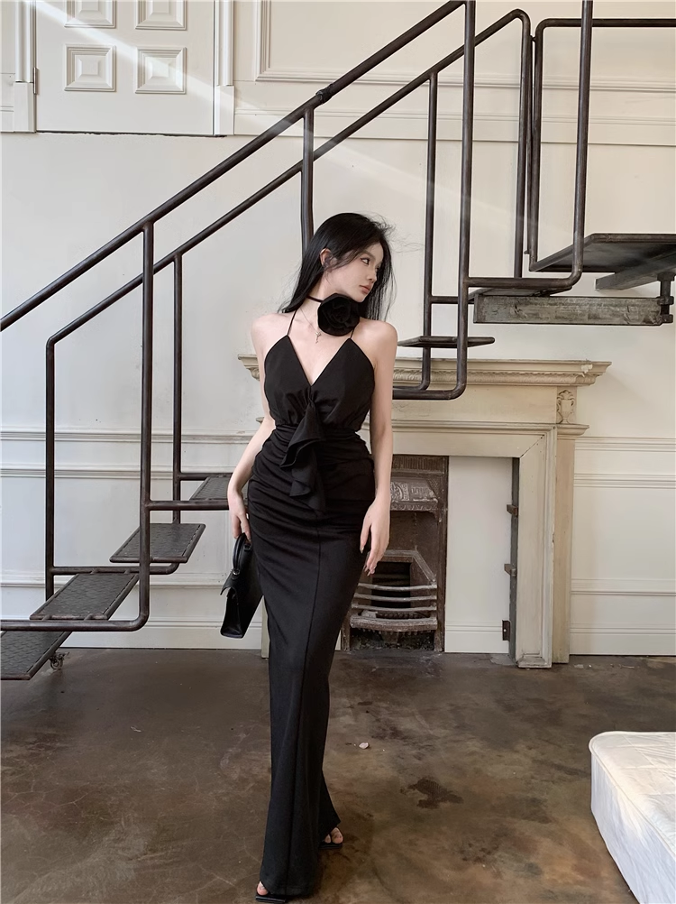 Black V Neck Long Dress YM1516