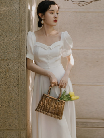 Elegant White Satin Long Party Dress Birthday Dress YM2363