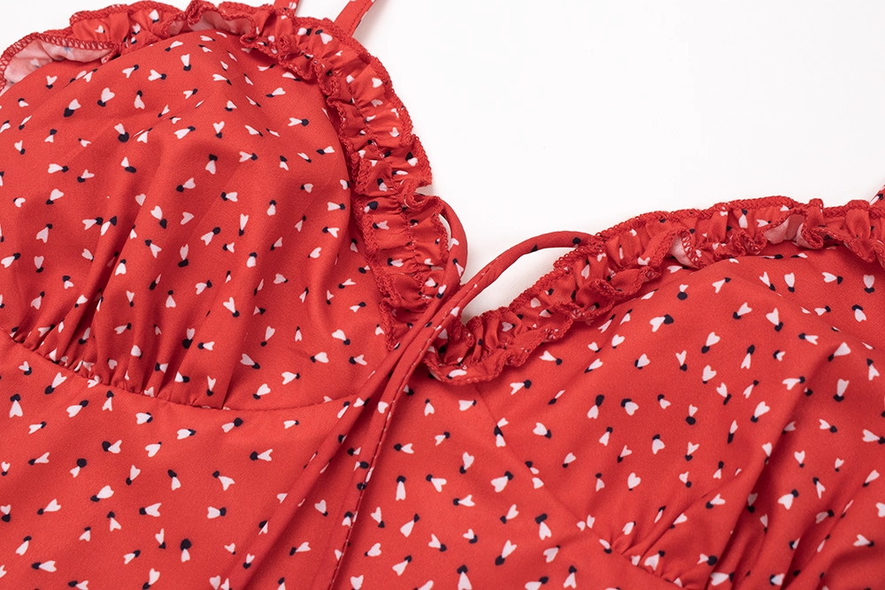Sexy Red Polka Dot Hot Girl Suspender Floral Dress Short Holiday Dress YM2330