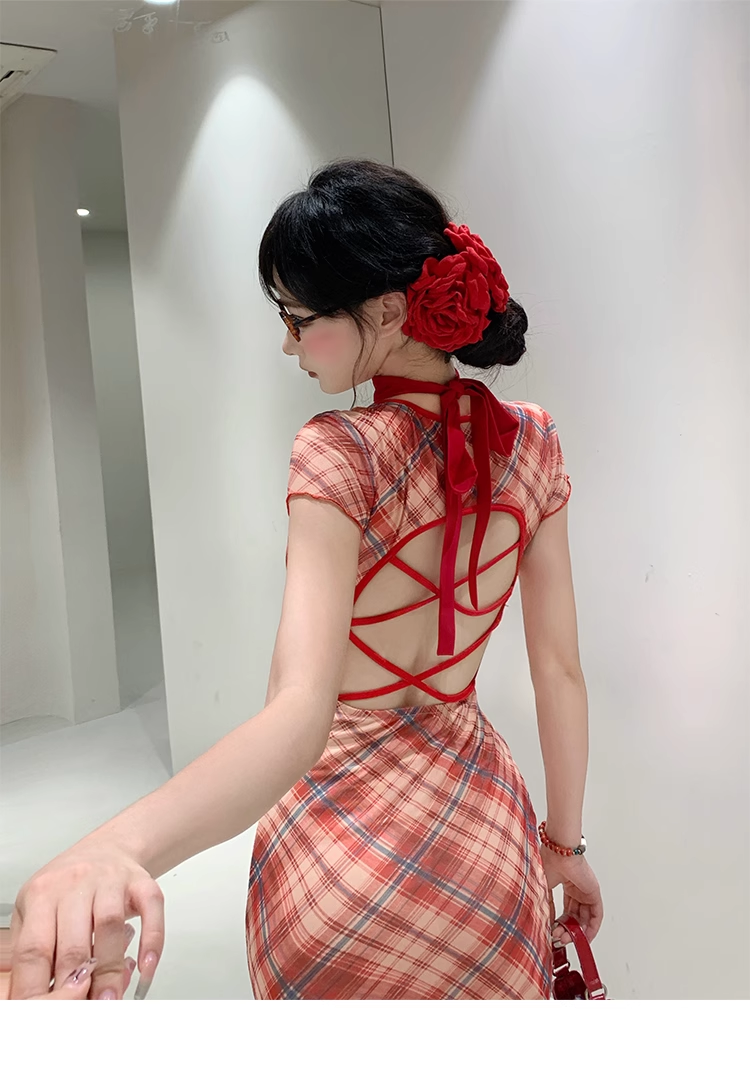 Red Sheath Plaid Hottie Dress,Sexy Backless Long Party Birthday Dress YM1994