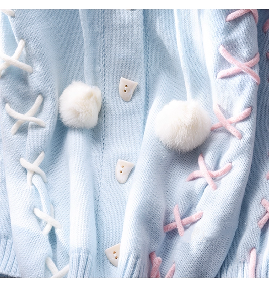 Cute Blue Hooded Sweater Jacket Autumn And Winter New Sweet Mid-length Knitted Cardigan YM2367