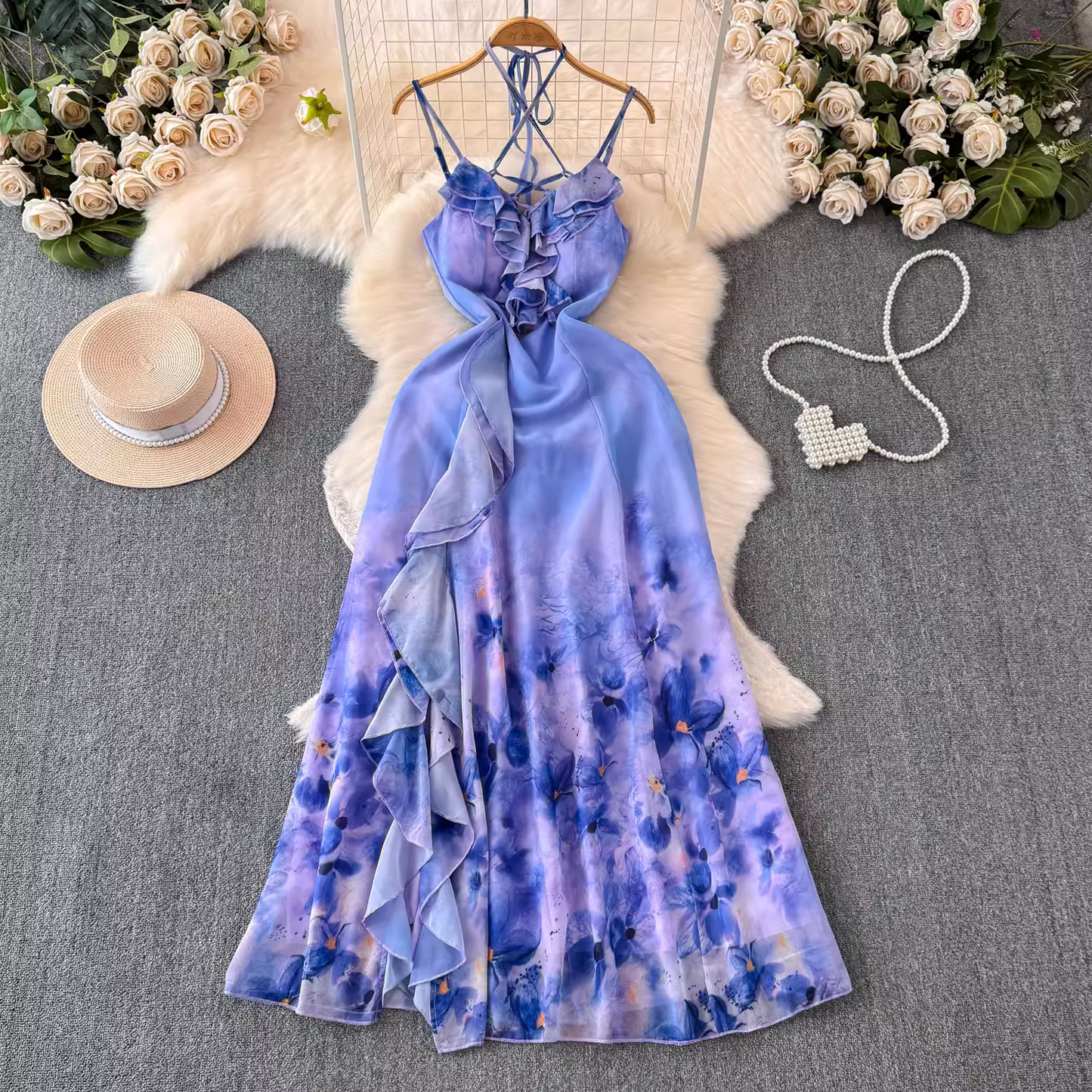 Ruffled patchwork slit oil painting print vacation dress YM1441
