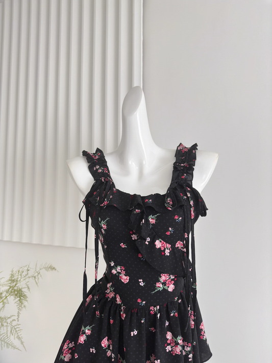 Retro Black Floral Short Dress Vacation Dress YM2315