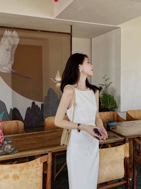 White suspender dress women's sleeveless long white prom dress YM1948