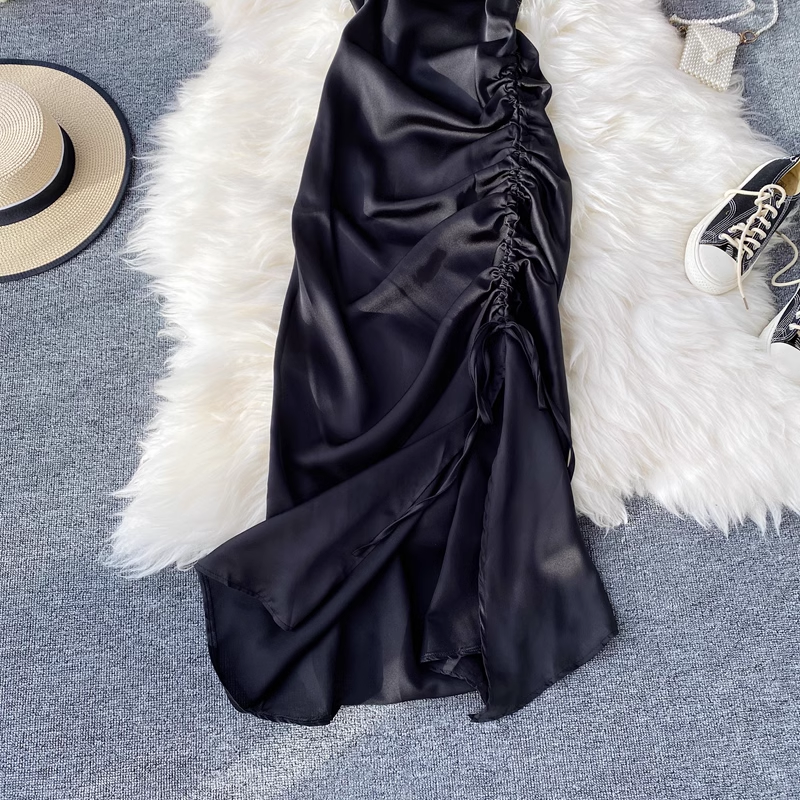 Fashionable V-neck backless drawstring pleated satin suspender dress YM592