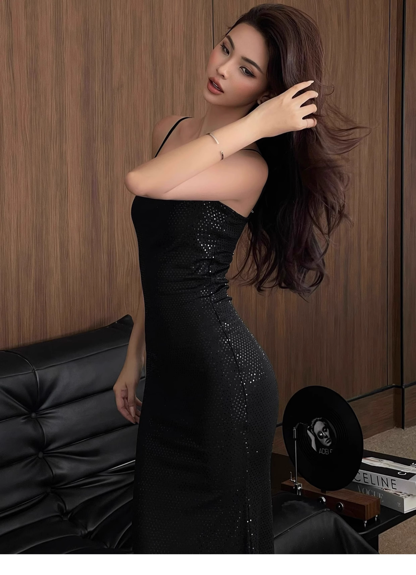 Sparkly Black Spaghetti Straps Mermaid Long Party Dress Evening Dress YM2197