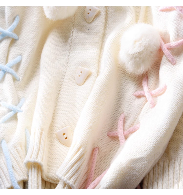 Cute Blue Hooded Sweater Jacket Autumn And Winter New Sweet Mid-length Knitted Cardigan YM2367