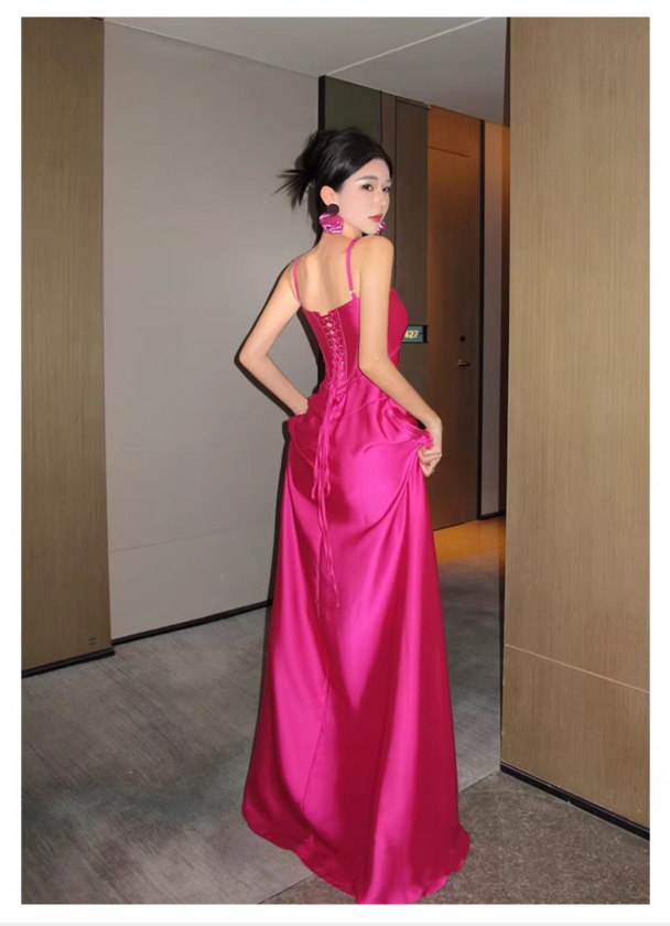 Charming Hot Pink Straps Long Party Dress Birthday Evening Dress YM2175
