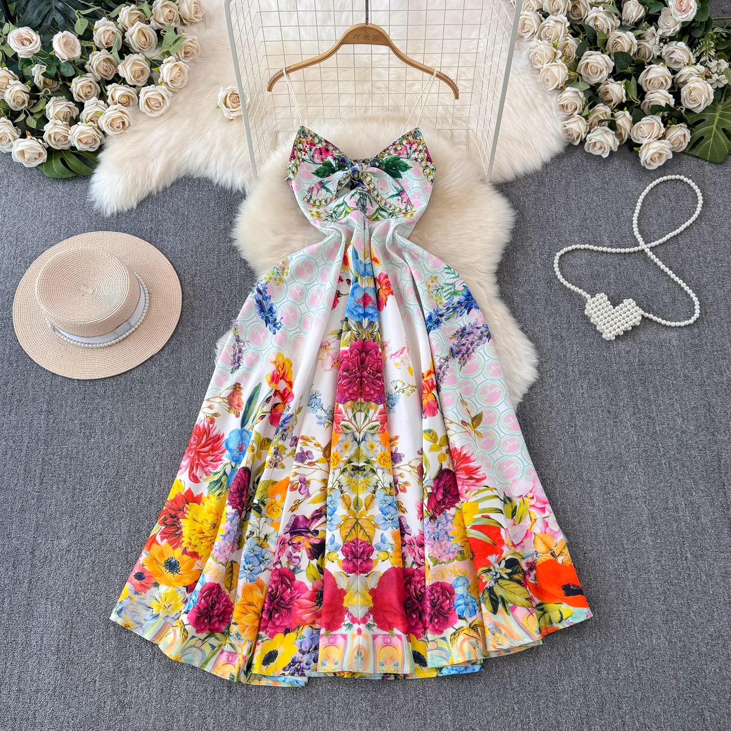 Colorful floral suspender seaside vacation dress YM1424