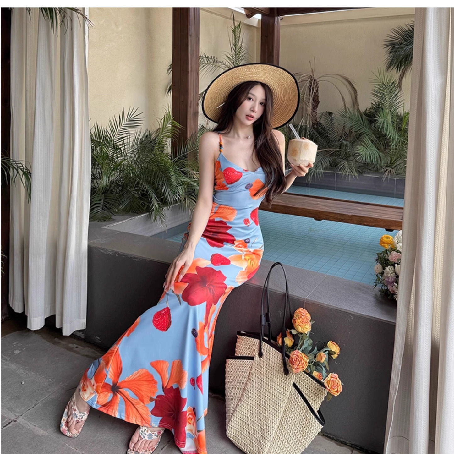 Island Vacation Dress Printed Suspender Beach Dress Sexy Backless Strap Sheath Long Dress YM2255