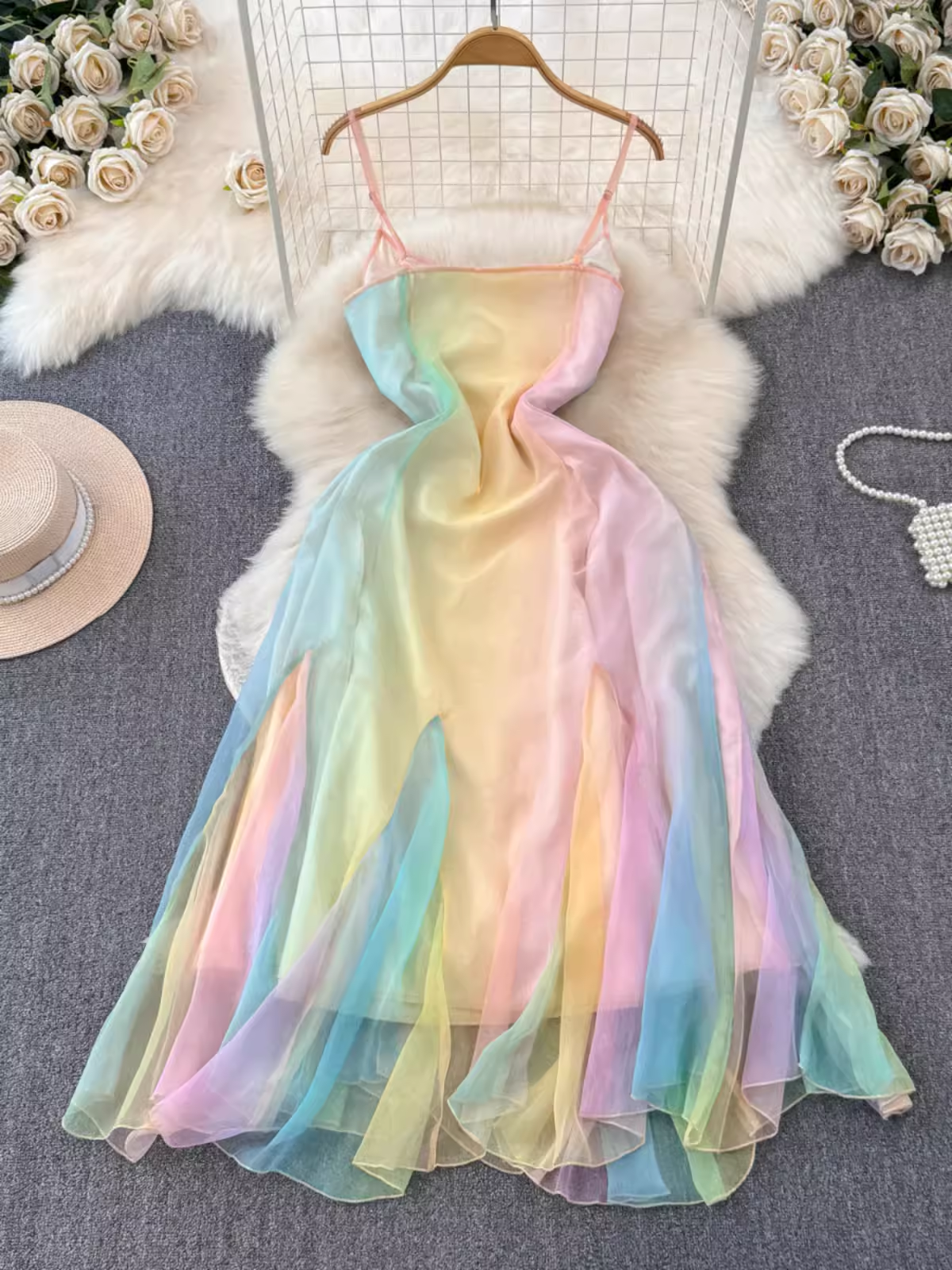 women's summer rainbow gradient suspender dress YM1423
