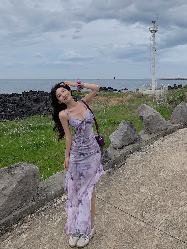 purple butterfly dress womens Retro Stage 1930s Butterfly V-Neck Sleeveless Dress Purple