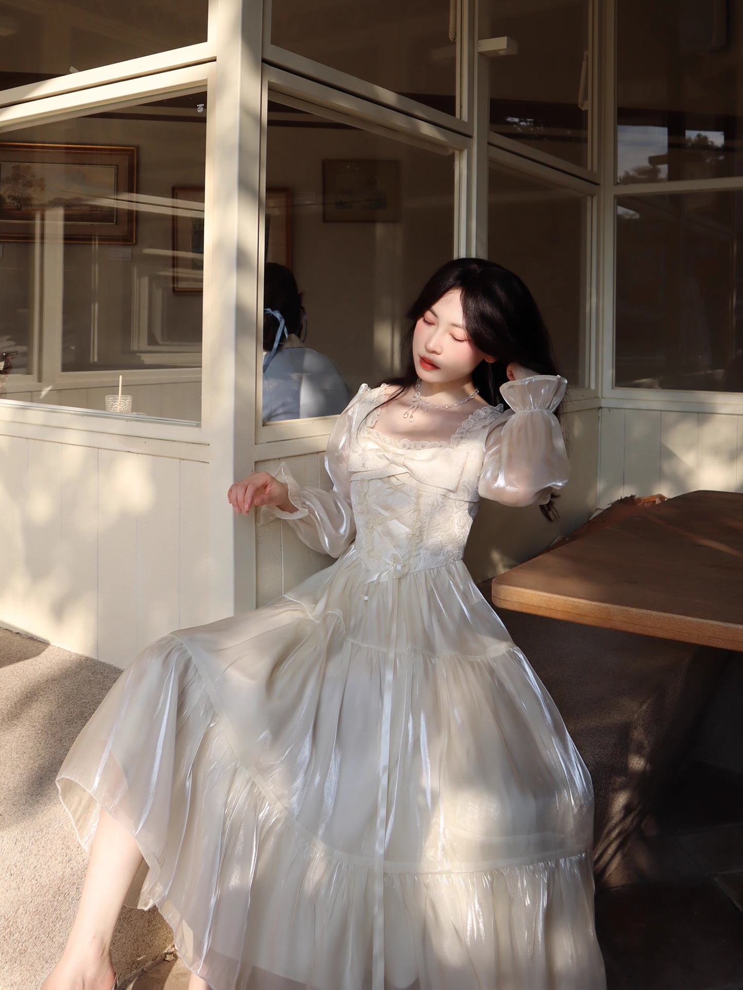 Apricot French Square Neck Long Dress Fairy Glossy Party Dress Prom Dress YM2026