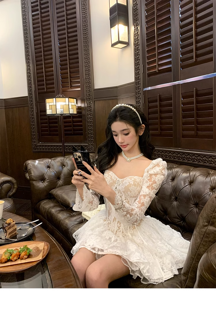 White Lace Sexy A Line Mini Party Dress,Birthday Outfits YM1982