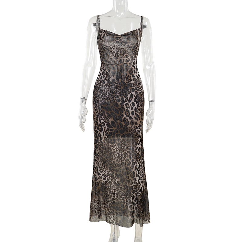 Sexy Suspender Vacation Dress New Style Strappy Large Backless Leopard Print Sheath Long Holiday Dress YM2229
