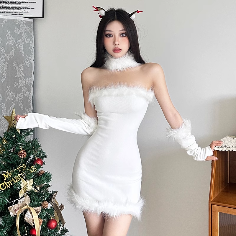Christmas limited plush trim tube top dress YM879