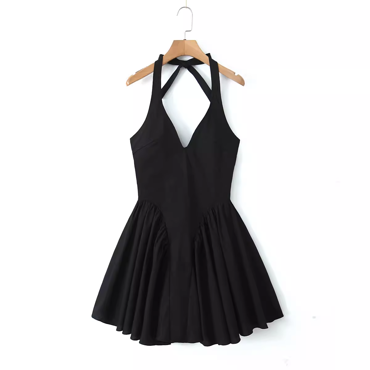 Black backless V-neck sleeveless halterneck dress YM1371