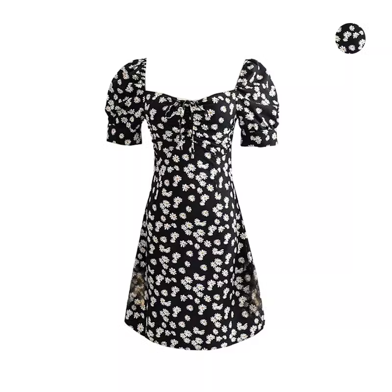 Retro pastoral floral daisy slim square neck dress YM484