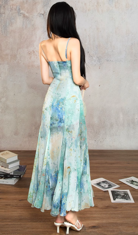 Charming Spaghetti Straps Smudge Dyed Print Mermaid Prom Dress Long Evening Dress YM1992