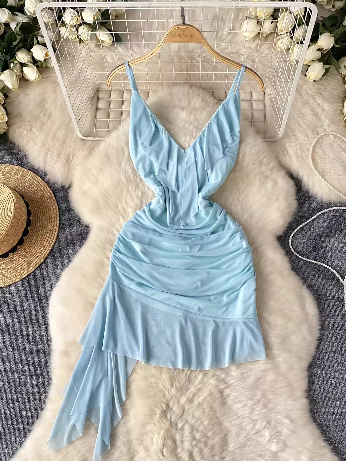 Summer V-neck ruffled tulle dress YM1459