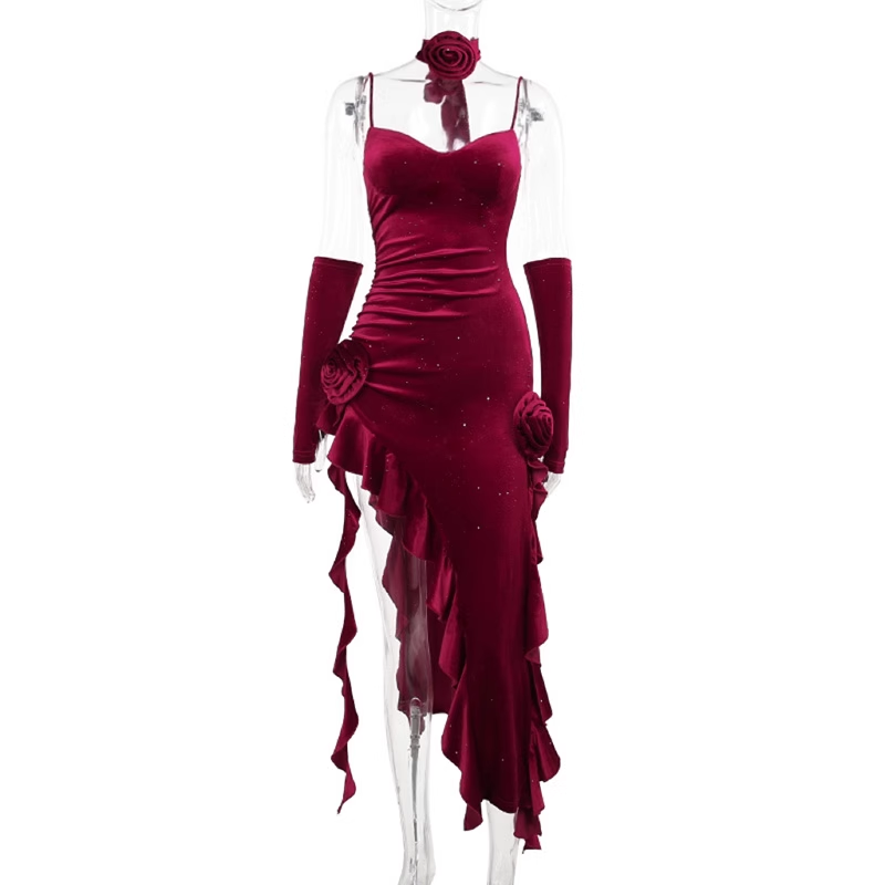 Sexy Spaghetti Straps Red Velvet Ruffle Slit Party Dress Birthday Dress YM2210