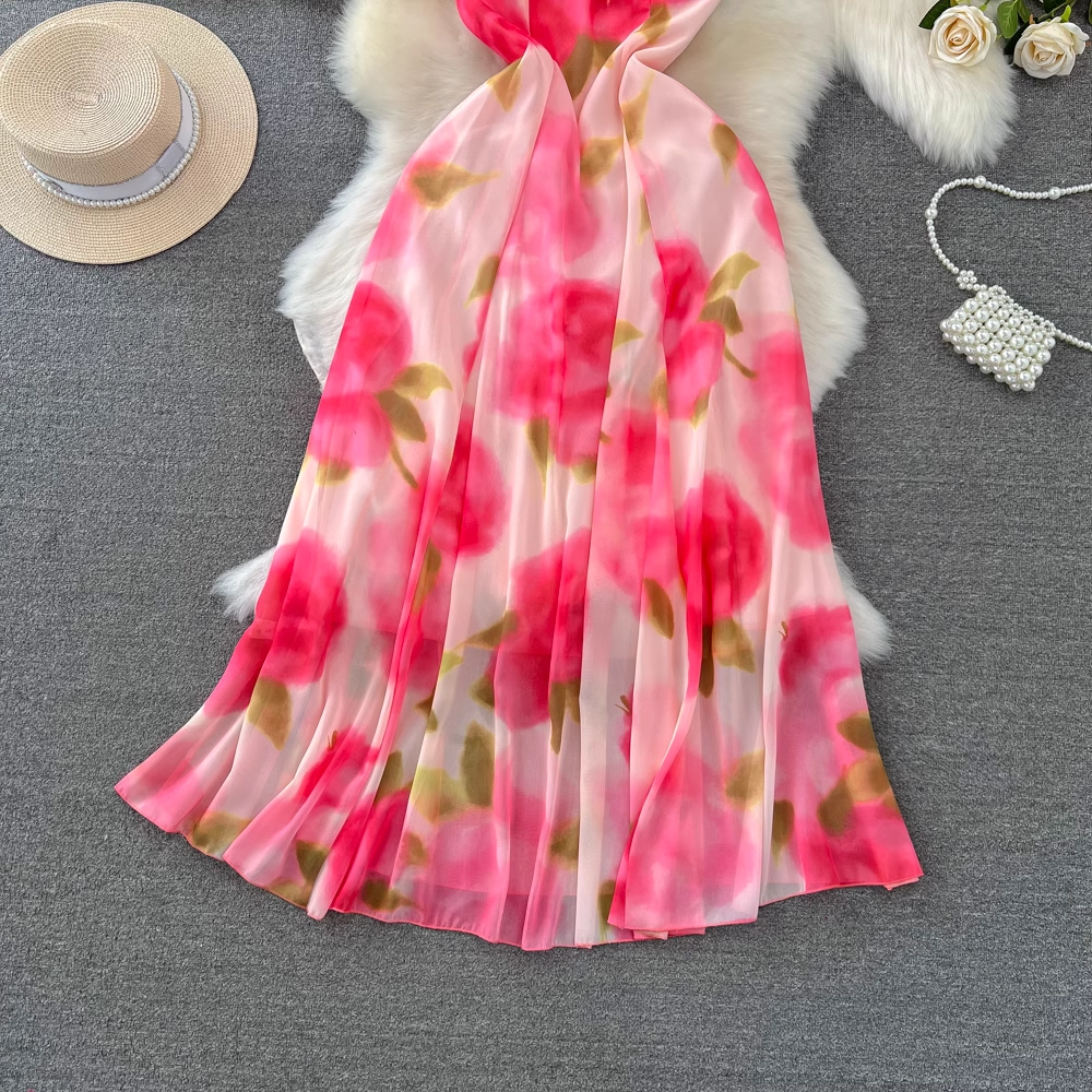 A-line printed chiffon suspender dress seaside vacation summer dress YM944