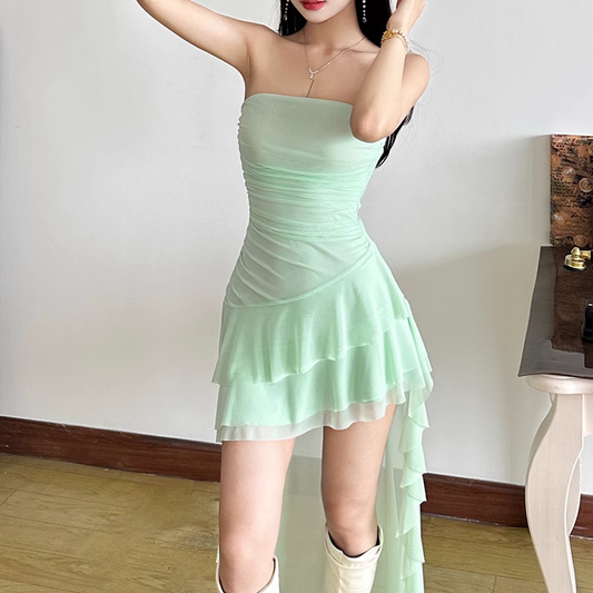 Pretty Mint Green Strapless Chiffon Ruffle Vacation Dress Long Holiday Dress YM2194