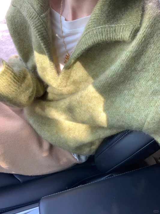 Green V-Neck Sweater With Thick Collar Knit Sweater YM2407