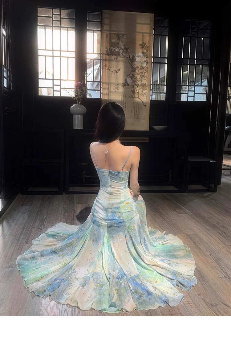 Charming Spaghetti Straps Smudge Dyed Print Mermaid Prom Dress Long Evening Dress YM1992