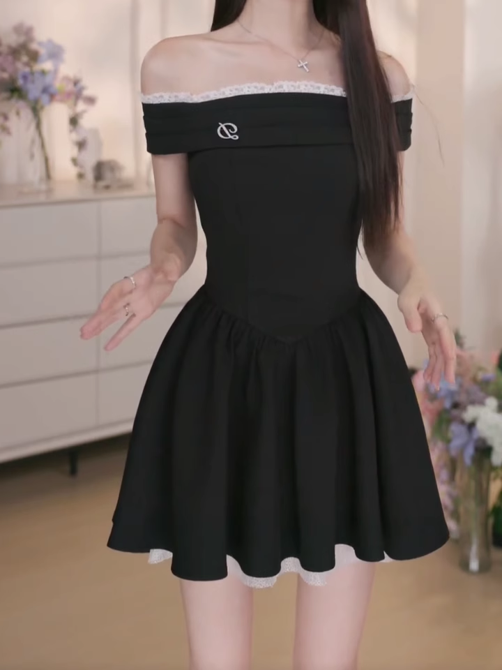 Sexy One Shoulder A Line Vacation Dress Black Short Birthday Outfits YM2168