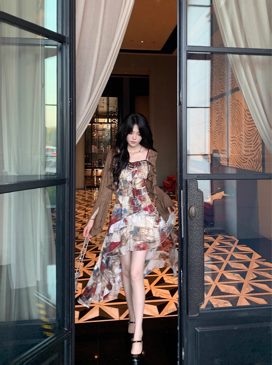 Retro Jacquard Oil Painting Trailing Dress Suspender Chiffon Party Dress Prom Dress YM2050